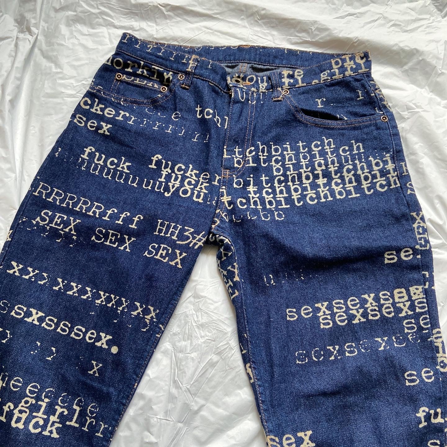 Hysteric Glamour ss99 “fuck, sex, bitch” typewriter print flared denim