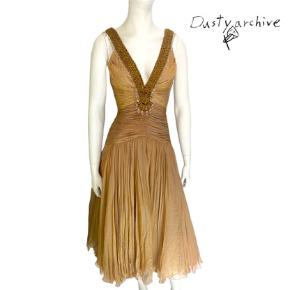 Versace 2006ss gold plunging neckline embossed crystal silk draped dress 38