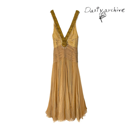 Versace 2006ss gold plunging neckline embossed crystal silk draped dress 38