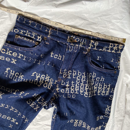 Hysteric Glamour ss99 “fuck, sex, bitch” typewriter print flared denim