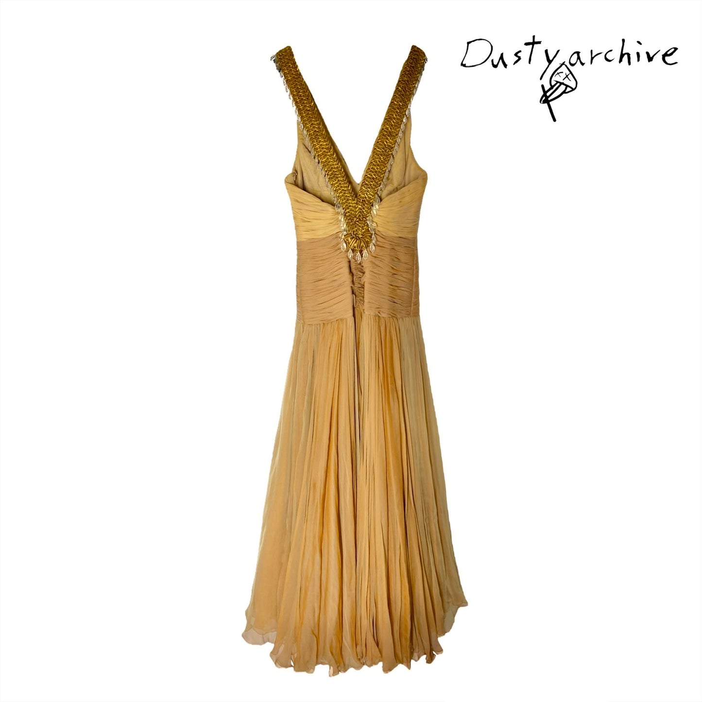 Versace 2006ss gold plunging neckline embossed crystal silk draped dress 38