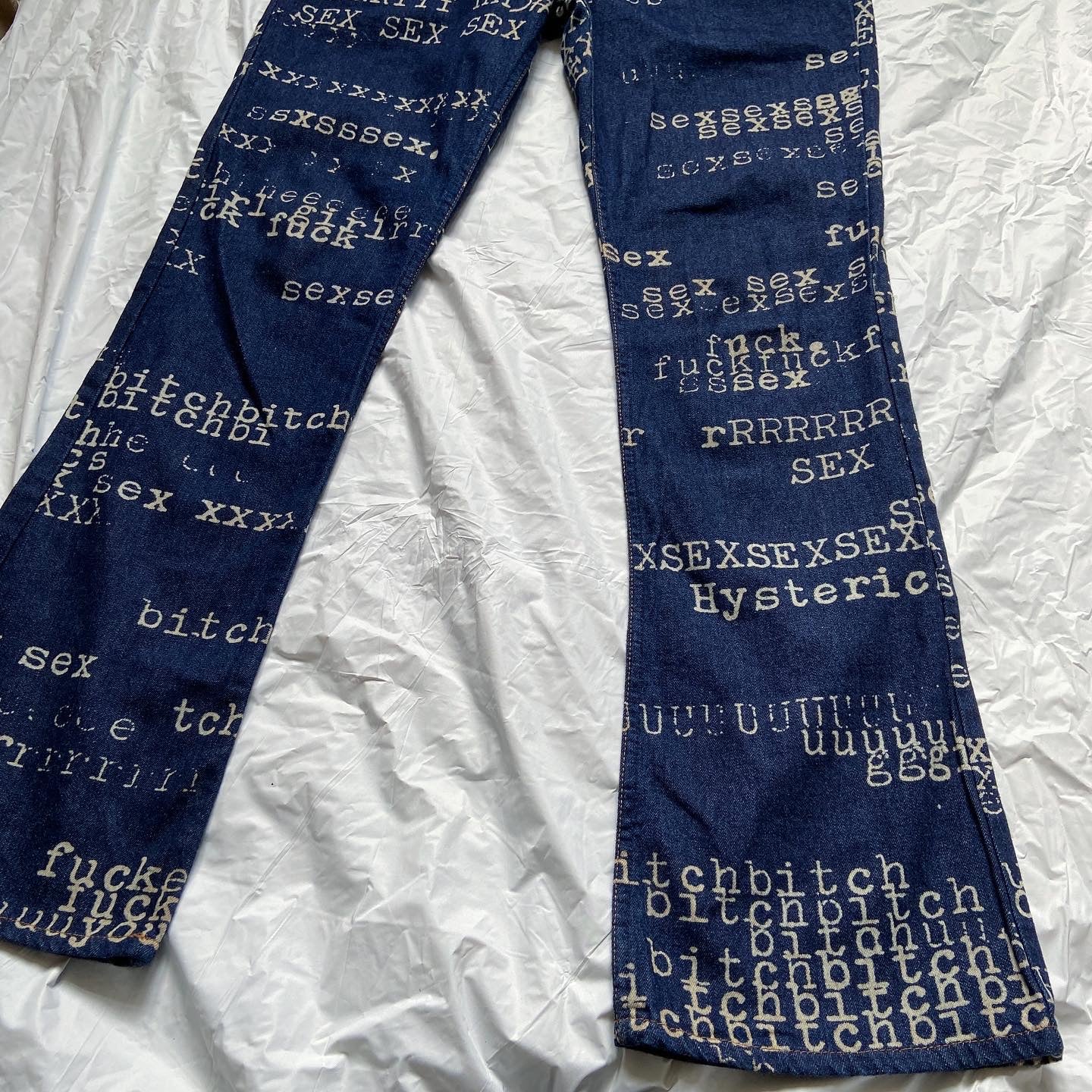 Hysteric Glamour ss99 “fuck, sex, bitch” typewriter print flared denim –  Dusty Archive