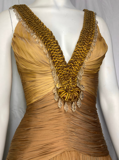 Versace 2006ss gold plunging neckline embossed crystal silk draped dress 38