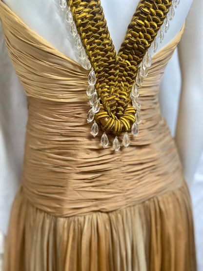 Versace 2006ss gold plunging neckline embossed crystal silk draped dress 38