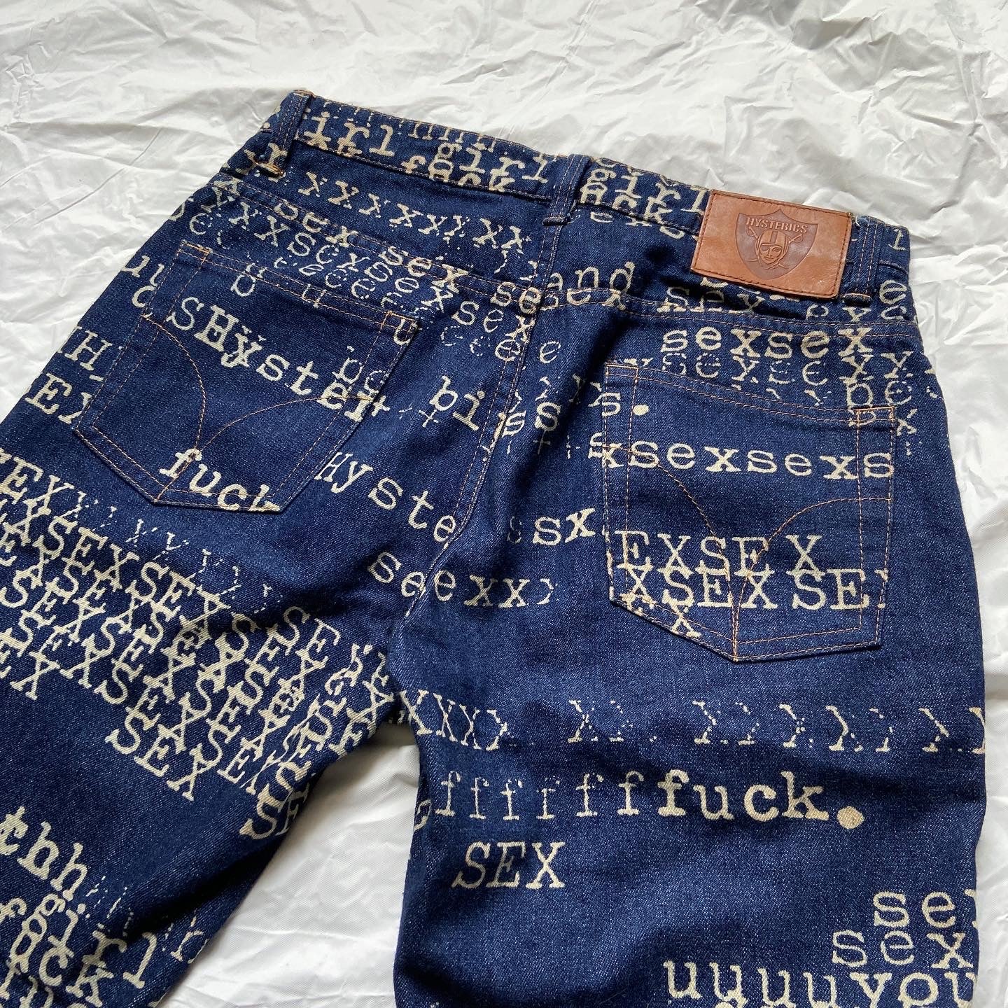 Hysteric Glamour ss99 “fuck, sex, bitch” typewriter print flared denim –  Dusty Archive