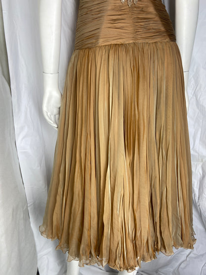 Versace 2006ss gold plunging neckline embossed crystal silk draped dress 38