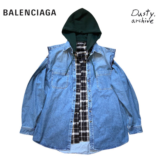 Balenciaga twinset denim plaid shirt mix with hood L