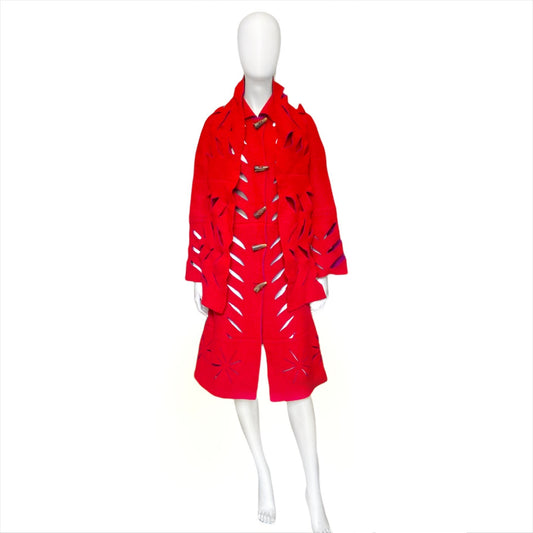 Dior fw02 Galliano runway long red cut out wool duffle coat with scarf S