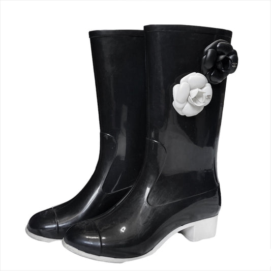 Chanel Karl black floral rainboots 37