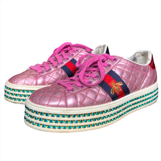 Gucci Swarovski crystal embellished pink platform ace sneaker 37.5