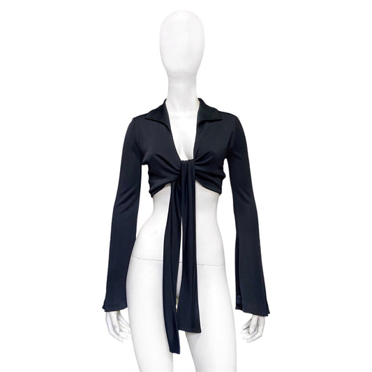 Gucci Spring 1996 Tom Ford Runway Tie-Front Bell Sleeve Navy Viscose Crop Top 38