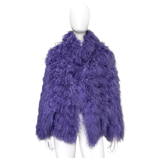 Ann Demeulemeester Fall 2008 Reversible Purple Mongolian Fur Wool Shearling Leather Jacket 36