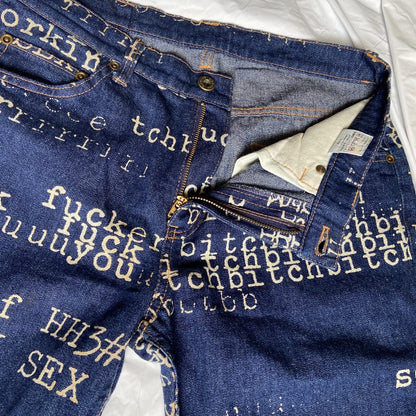 Hysteric Glamour ss99 “fuck, sex, bitch” typewriter print flared denim